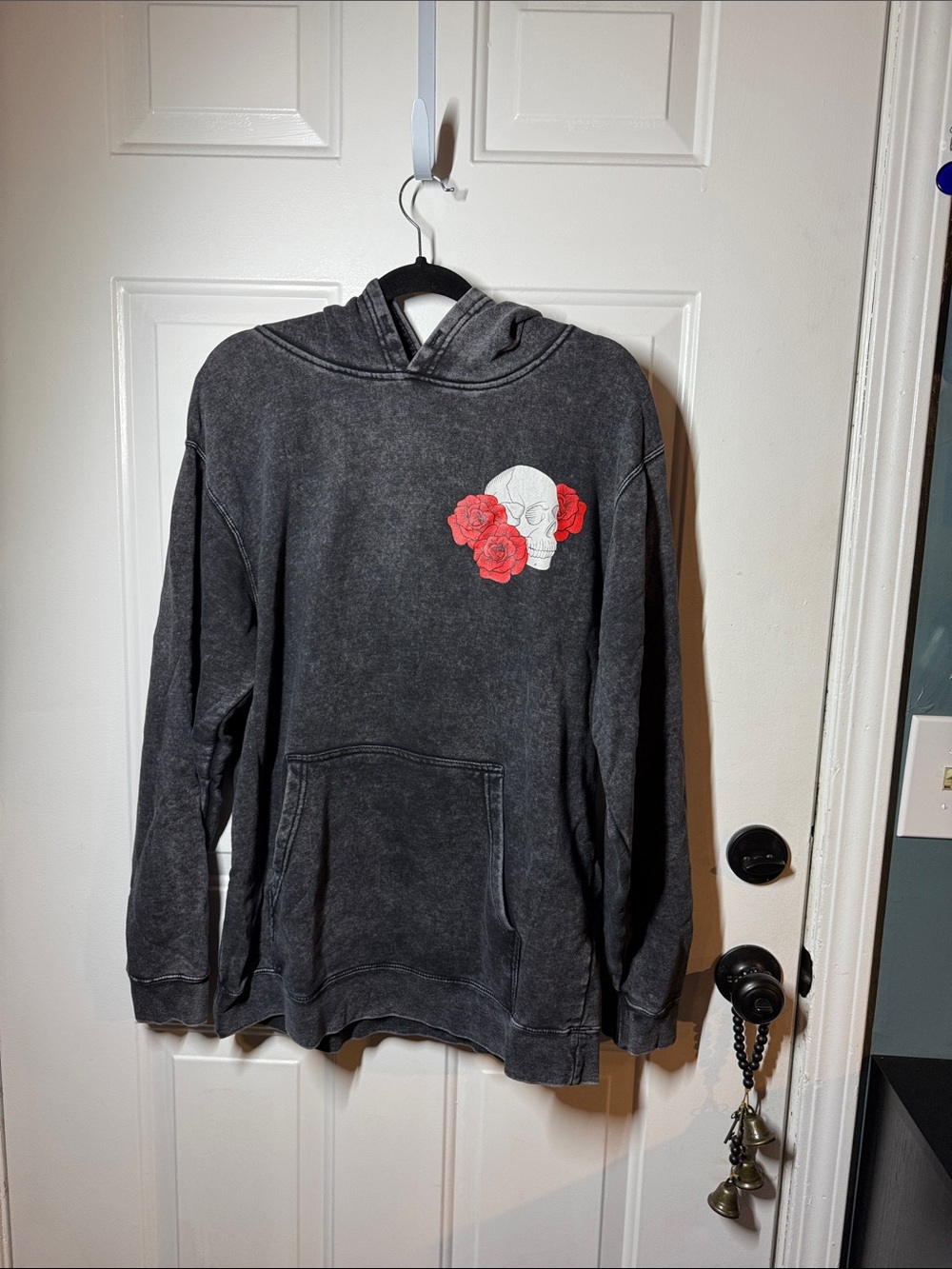 Guess Black Mineral-Wash Hoodie with White Skull & Red Roses